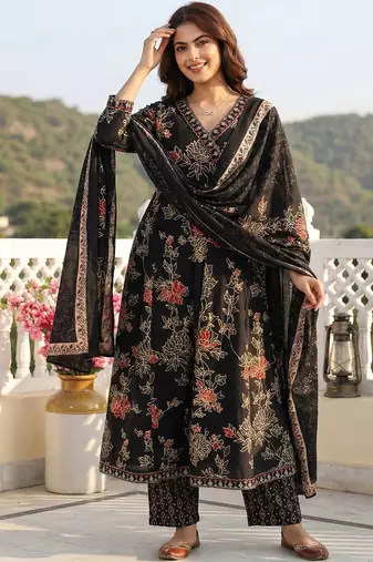 Women Floral Printed Angrakha Pure Cotton Kurta with Trousers & With Dupatta