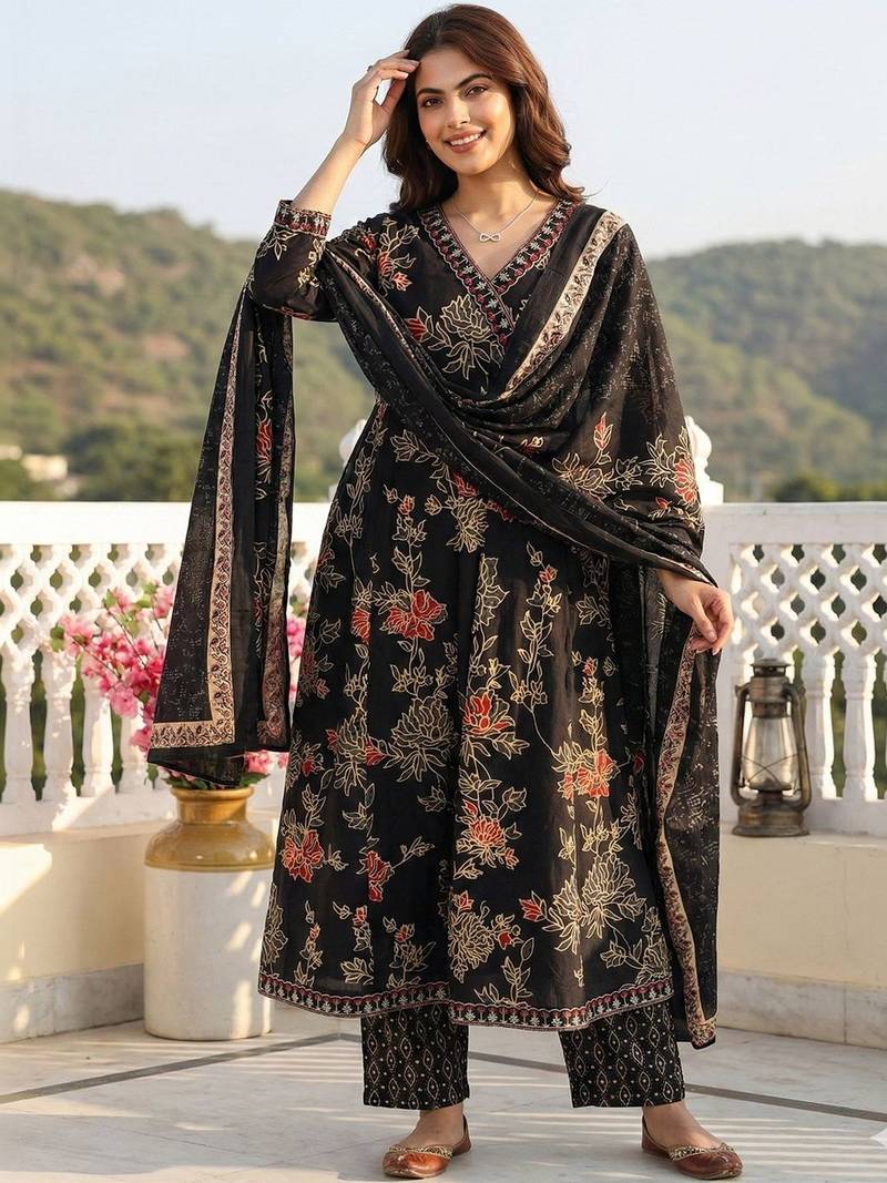 Women Floral Printed Angrakha Pure Cotton Kurta with Trousers & With Dupatta