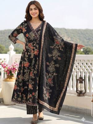 Women Floral Printed Angrakha Pure Cotton Kurta with Trousers & With Dupatta 5