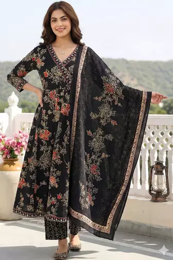 Women Floral Printed Angrakha Pure Cotton Kurta with Trousers & With Dupatta