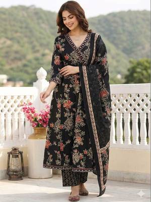 Women Floral Printed Angrakha Pure Cotton Kurta with Trousers & With Dupatta 6