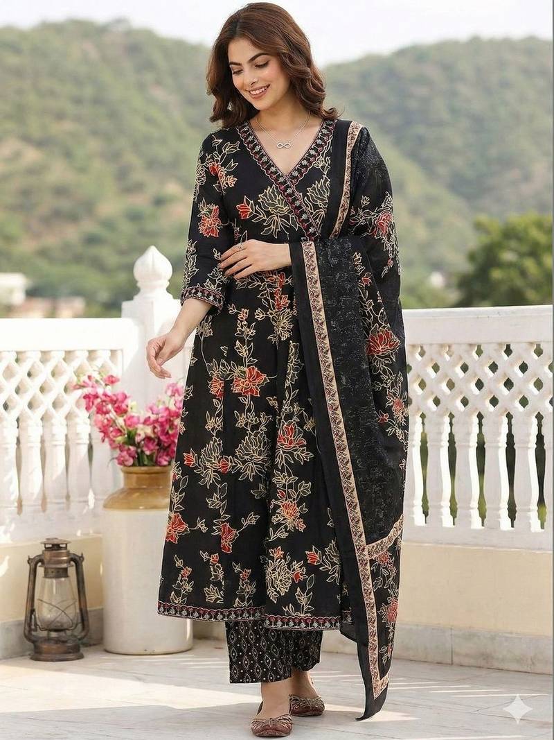 Women Floral Printed Angrakha Pure Cotton Kurta with Trousers & With Dupatta