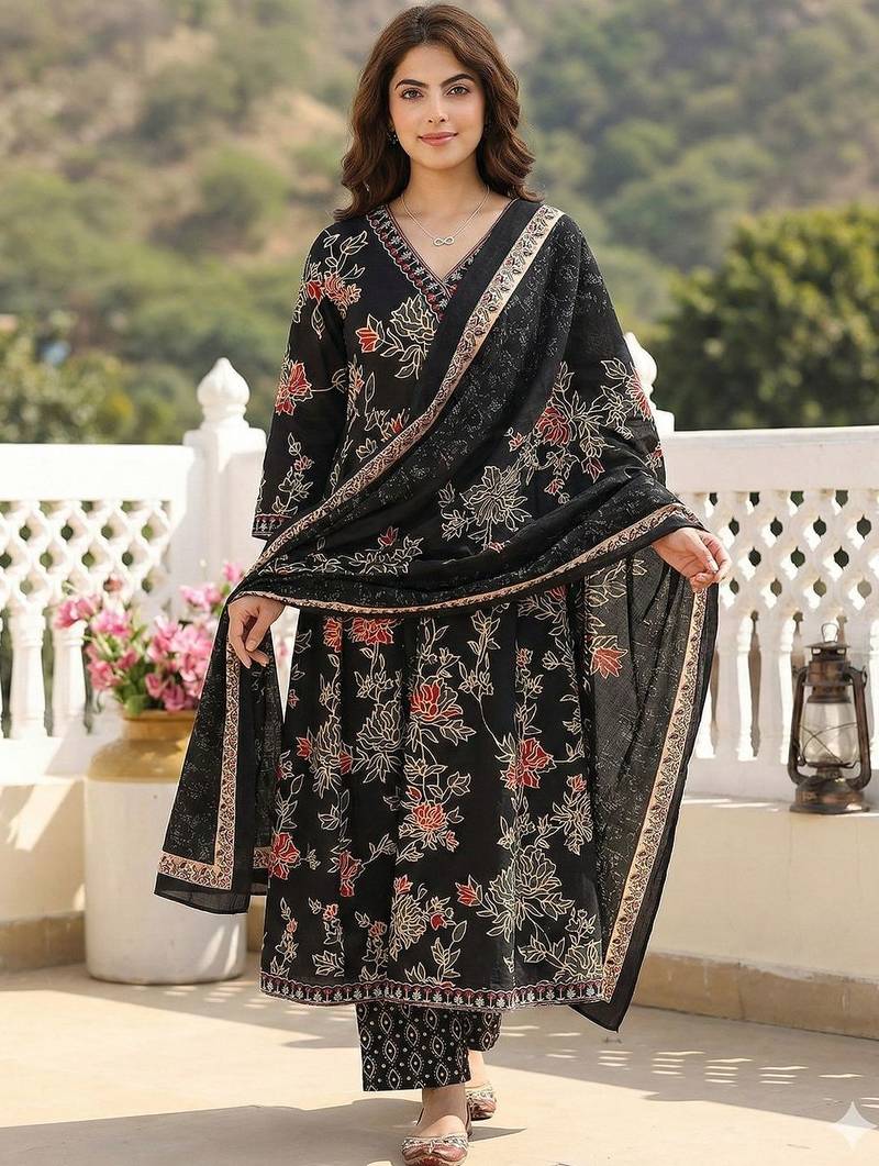 Women Floral Printed Angrakha Pure Cotton Kurta with Trousers & With Dupatta