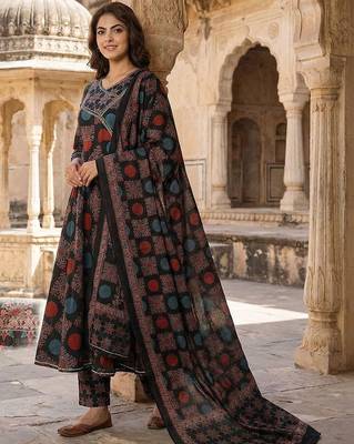 Women Ethnic Motifs Printed Angrakha Gotta Patti Pure Cotton Kurta with Trousers & With Dupatta 1