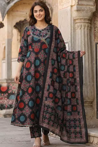 Women Ethnic Motifs Printed Angrakha Gotta Patti Pure Cotton Kurta with Trousers & With Dupatta