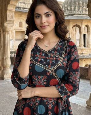 Women Ethnic Motifs Printed Angrakha Gotta Patti Pure Cotton Kurta with Trousers & With Dupatta 3