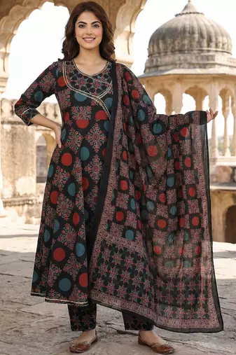 Women Ethnic Motifs Printed Angrakha Gotta Patti Pure Cotton Kurta with Trousers & With Dupatta