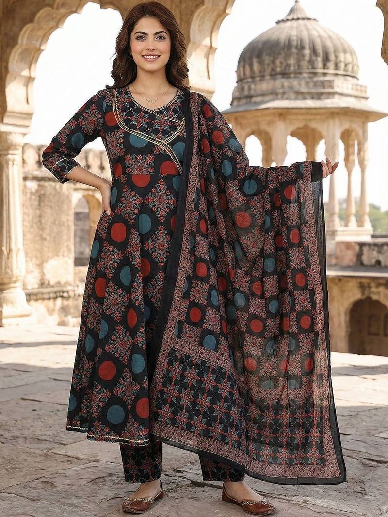 Women Ethnic Motifs Printed Angrakha Gotta Patti Pure Cotton Kurta with Trousers & With Dupatta