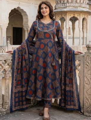 Ethnic Motifs Printed Angrakha Thread Work Pure Cotton Kurta with Trousers & Dupatta 1