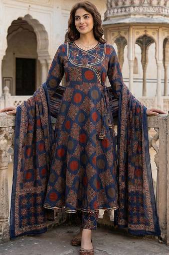 Ethnic Motifs Printed Angrakha Thread Work Pure Cotton Kurta with Trousers & Dupatta