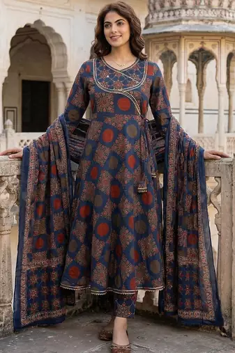 Ethnic Motifs Printed Angrakha Thread Work Pure Cotton Kurta with Trousers & Dupatta