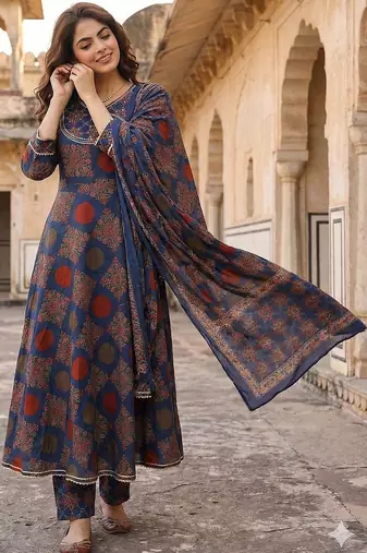 Ethnic Motifs Printed Angrakha Thread Work Pure Cotton Kurta with Trousers & Dupatta