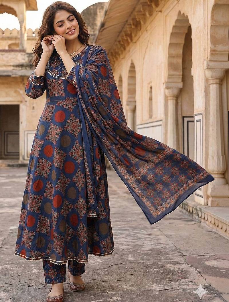 Ethnic Motifs Printed Angrakha Thread Work Pure Cotton Kurta with Trousers & Dupatta