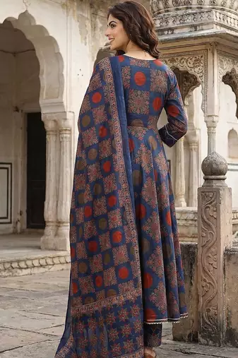 Ethnic Motifs Printed Angrakha Thread Work Pure Cotton Kurta with Trousers & Dupatta