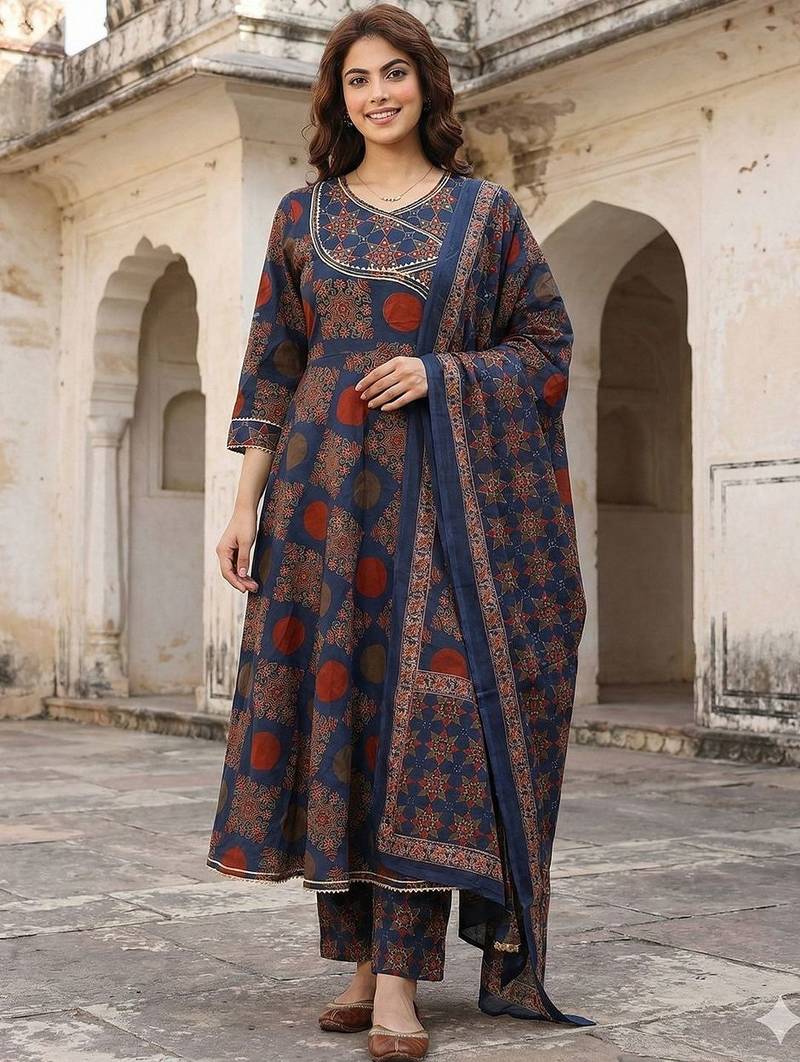 Ethnic Motifs Printed Angrakha Thread Work Pure Cotton Kurta with Trousers & Dupatta