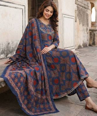 Ethnic Motifs Printed Angrakha Thread Work Pure Cotton Kurta with Trousers & Dupatta 6