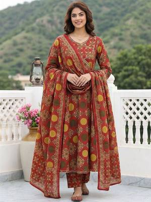 Women Ethnic Motifs Printed Angrakha Thread Work Pure Cotton Kurta with Trousers & With Dupatta 1