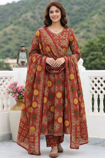 Women Ethnic Motifs Printed Angrakha Thread Work Pure Cotton Kurta with Trousers & With Dupatta