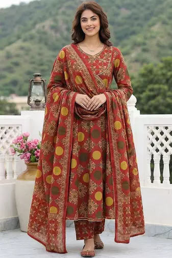 Women Ethnic Motifs Printed Angrakha Thread Work Pure Cotton Kurta with Trousers & With Dupatta