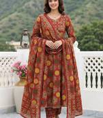 Women Ethnic Motifs Printed Angrakha Thread Work Pure Cotton Kurta with Trousers & With Dupatta