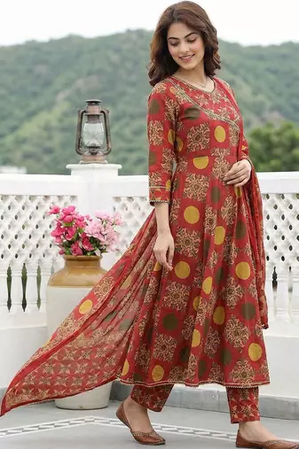 Women Ethnic Motifs Printed Angrakha Thread Work Pure Cotton Kurta with Trousers & With Dupatta