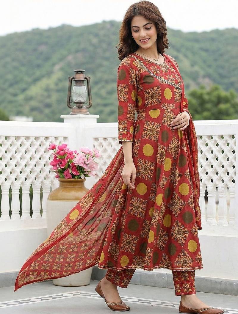 Women Ethnic Motifs Printed Angrakha Thread Work Pure Cotton Kurta with Trousers & With Dupatta