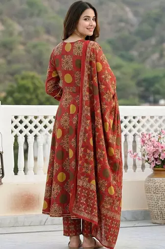 Women Ethnic Motifs Printed Angrakha Thread Work Pure Cotton Kurta with Trousers & With Dupatta