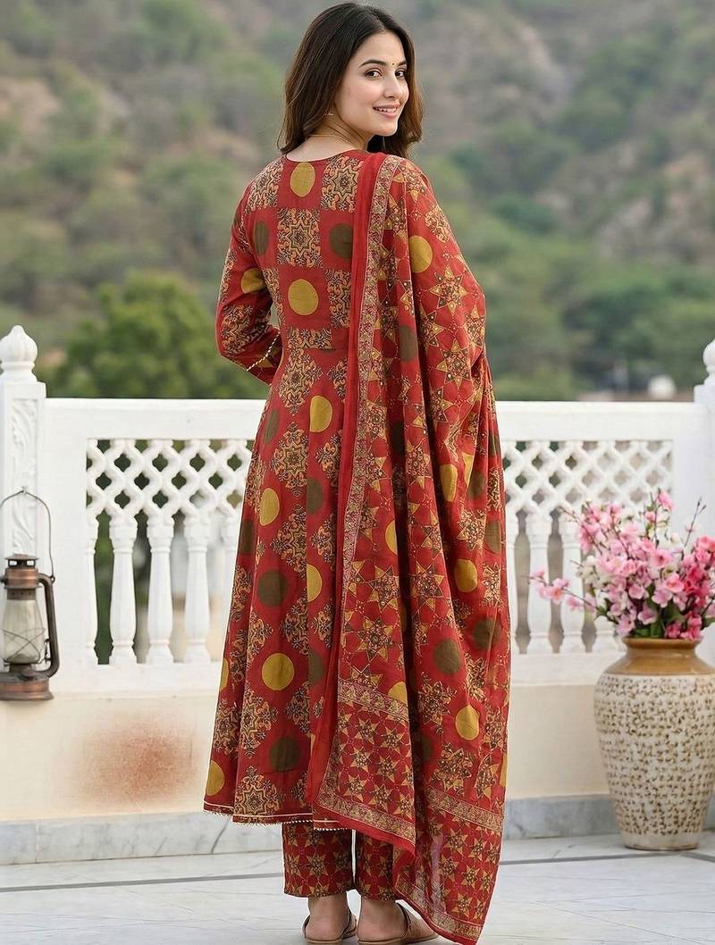 Women Ethnic Motifs Printed Angrakha Thread Work Pure Cotton Kurta with Trousers & With Dupatta