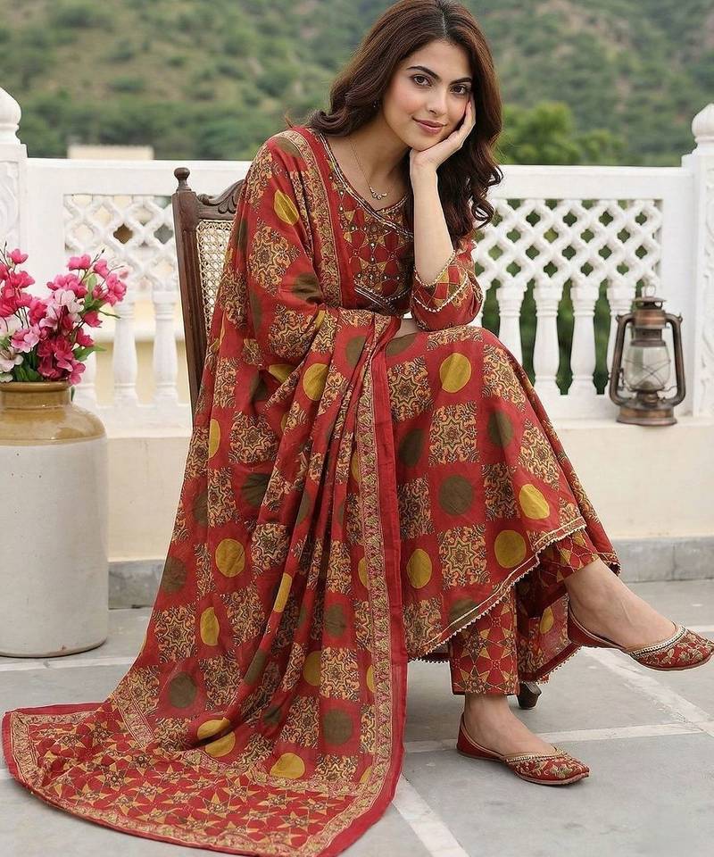 Women Ethnic Motifs Printed Angrakha Thread Work Pure Cotton Kurta with Trousers & With Dupatta