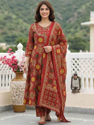 Women Ethnic Motifs Printed Angrakha Thread Work Pure Cotton Kurta with Trousers & With Dupatta 5