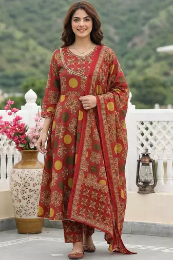 Women Ethnic Motifs Printed Angrakha Thread Work Pure Cotton Kurta with Trousers & With Dupatta