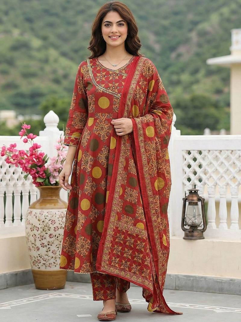 Women Ethnic Motifs Printed Angrakha Thread Work Pure Cotton Kurta with Trousers & With Dupatta