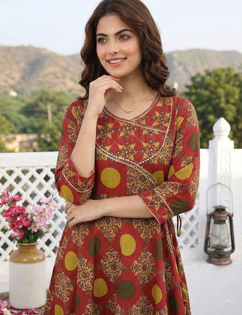 Women Ethnic Motifs Printed Angrakha Thread Work Pure Cotton Kurta with Trousers & With Dupatta