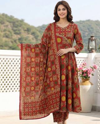Women Ethnic Motifs Printed Angrakha Thread Work Pure Cotton Kurta with Trousers & With Dupatta 7