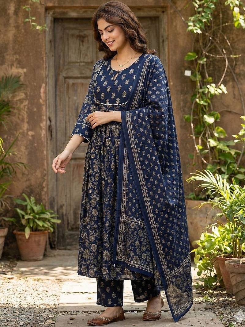 Women Floral Printed Panelled Pure Cotton Kurta with Trousers & With Dupatta