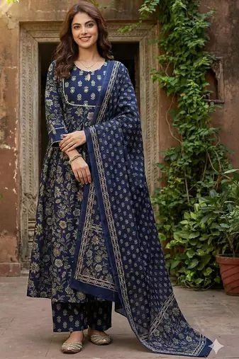 Women Floral Printed Panelled Pure Cotton Kurta with Trousers & With Dupatta
