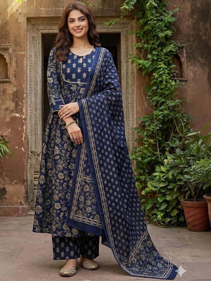 Women Floral Printed Panelled Pure Cotton Kurta with Trousers & With Dupatta