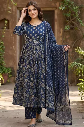 Women Floral Printed Panelled Pure Cotton Kurta with Trousers & With Dupatta