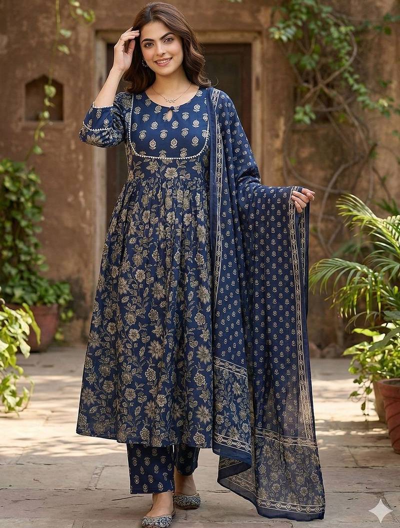 Women Floral Printed Panelled Pure Cotton Kurta with Trousers & With Dupatta