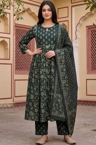 Women Floral Printed Empire Pure Cotton Kurta with Trousers & With Dupatta