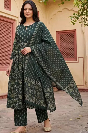 Women Floral Printed Empire Pure Cotton Kurta with Trousers & With Dupatta