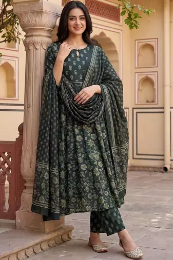 Women Floral Printed Empire Pure Cotton Kurta with Trousers & With Dupatta