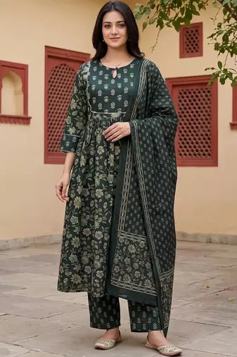 Women Floral Printed Empire Pure Cotton Kurta with Trousers & With Dupatta