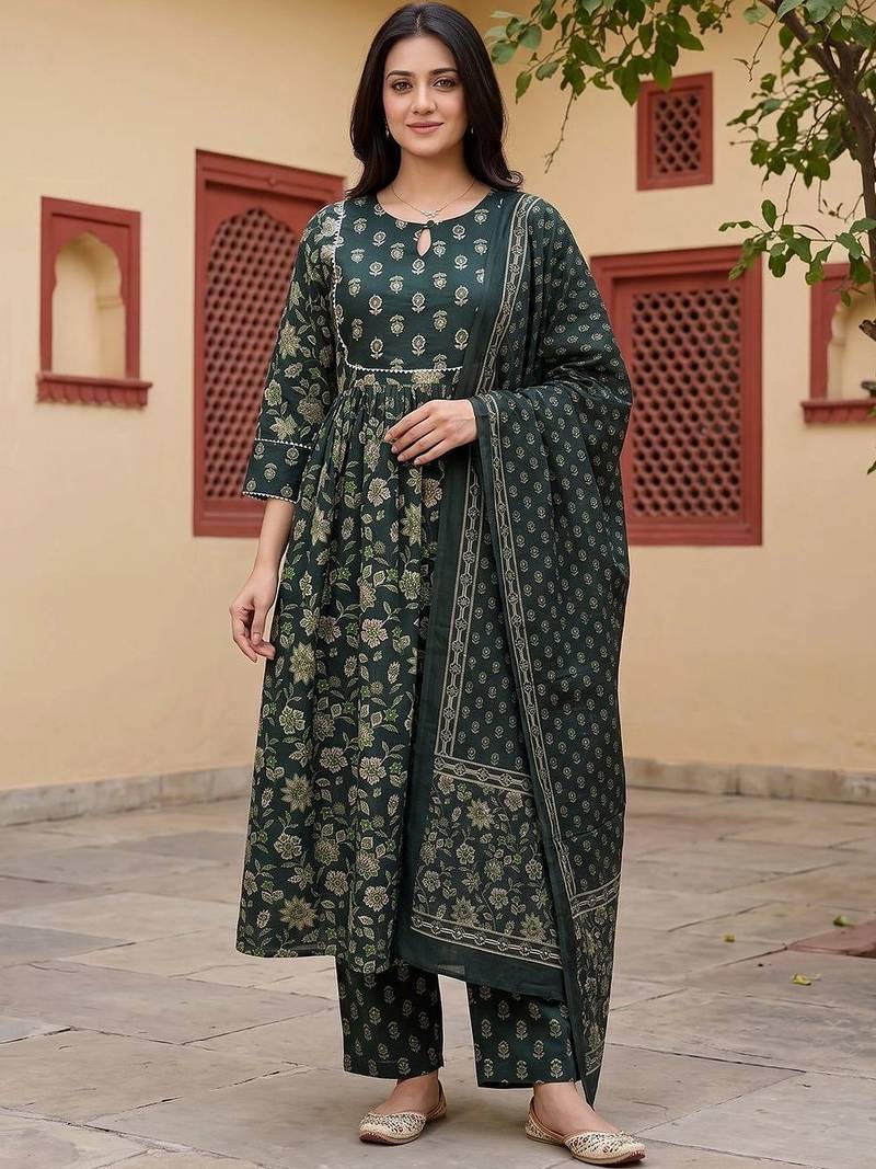 Women Floral Printed Empire Pure Cotton Kurta with Trousers & With Dupatta