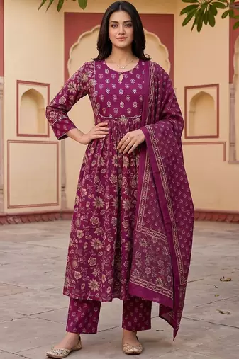 Women Floral Printed Empire Pure Cotton Kurta with Trousers & With Dupatta