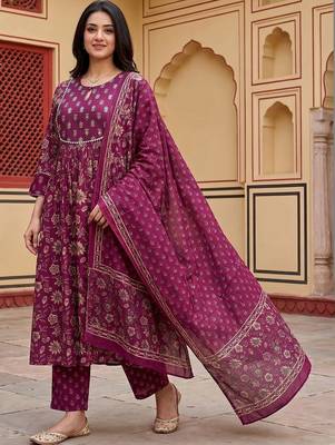 Women Floral Printed Empire Pure Cotton Kurta with Trousers & With Dupatta 2