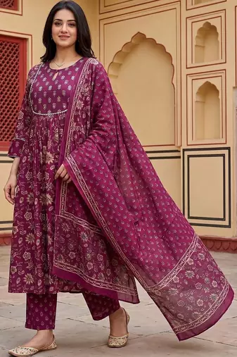 Women Floral Printed Empire Pure Cotton Kurta with Trousers & With Dupatta
