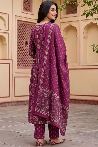 Women Floral Printed Empire Pure Cotton Kurta with Trousers & With Dupatta