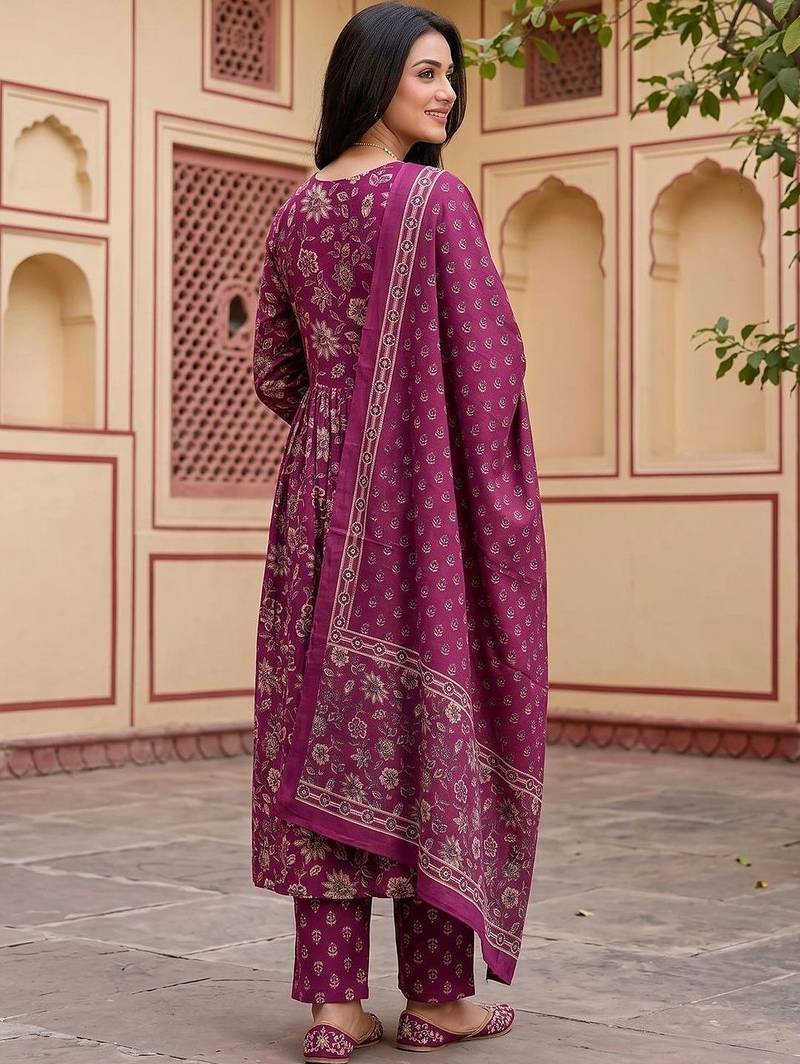Women Floral Printed Empire Pure Cotton Kurta with Trousers & With Dupatta