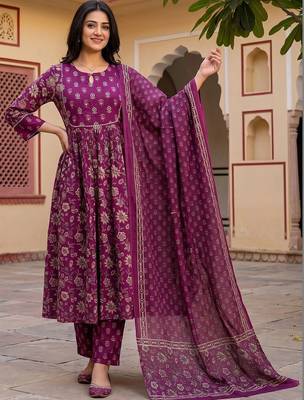 Women Floral Printed Empire Pure Cotton Kurta with Trousers & With Dupatta 5